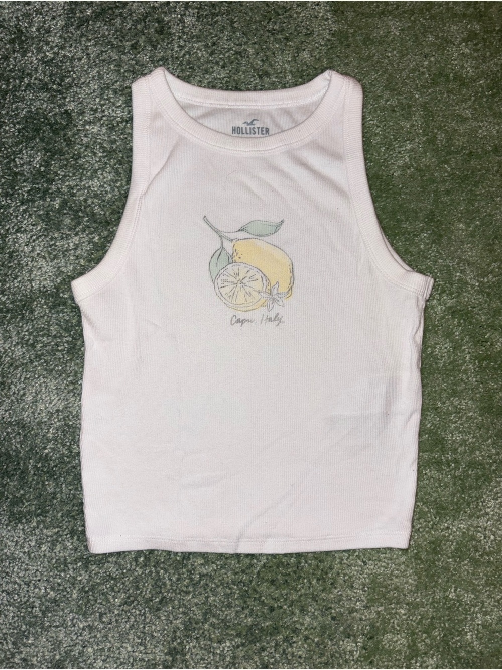 Hollister White Ribbed Tank with Yellow Lemon Graphic